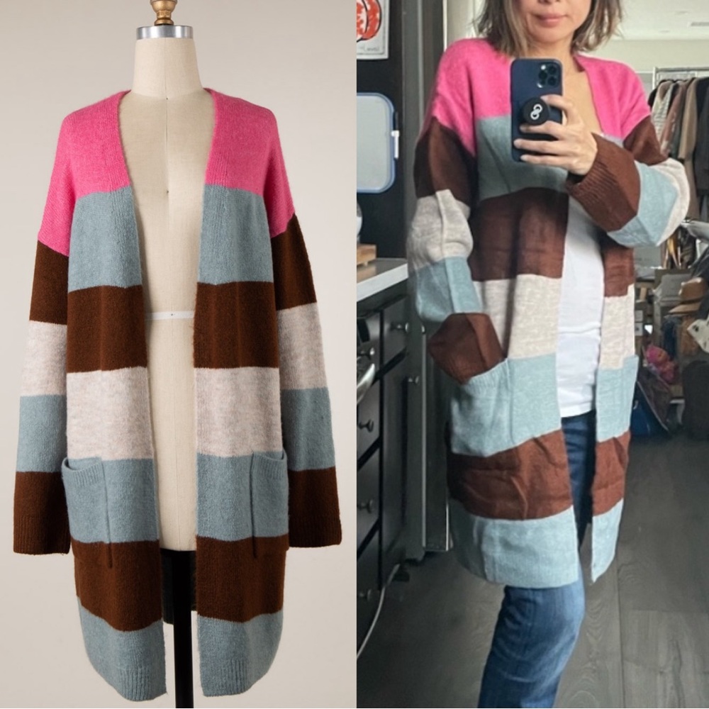 01 Cozy Color Block Pocket Open Front Cardigan